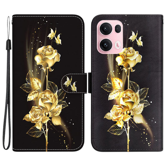 For Oppo Reno13 Pro 5G Wallet Phone Case Anti-Drop Leather Flip Cover Pattern Printing - Gold Butterfly Rose
