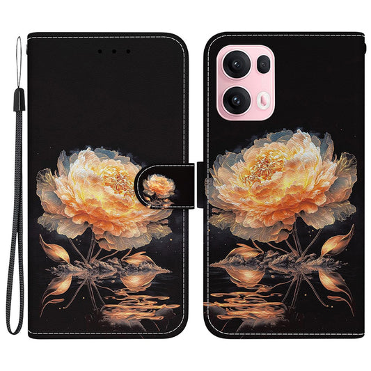 For Oppo Reno13 Pro 5G Wallet Phone Case Anti-Drop Leather Flip Cover Pattern Printing - Gold Peony