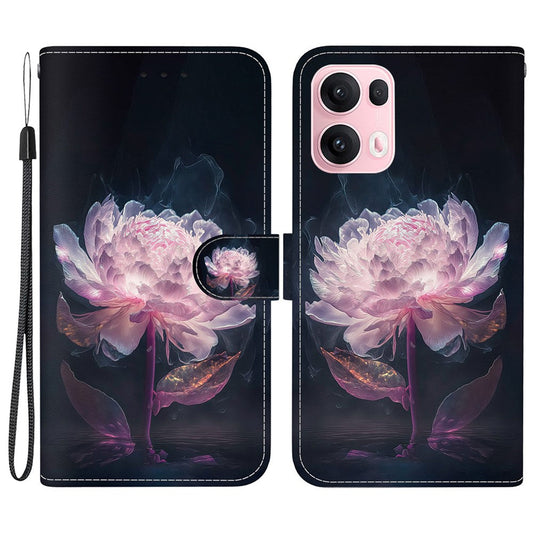 For Oppo Reno13 Pro 5G Wallet Phone Case Anti-Drop Leather Flip Cover Pattern Printing - Purple Peony