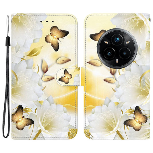 For Realme 14 Pro+ 5G Wallet Phone Case Anti-Drop Leather Flip Cover Pattern Printing - Gold Butterfly Flower