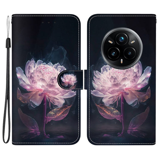 For Realme 14 Pro+ 5G Wallet Phone Case Anti-Drop Leather Flip Cover Pattern Printing - Purple Peony