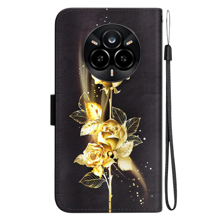 For Realme 14 Pro 5G Wallet Phone Case Anti-Drop Leather Flip Cover Pattern Printing - Gold Butterfly Rose