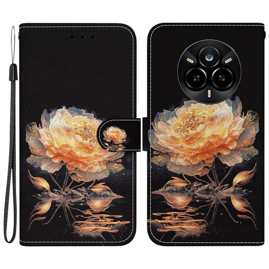 For Realme 14 Pro 5G Wallet Phone Case Anti-Drop Leather Flip Cover Pattern Printing - Gold Peony