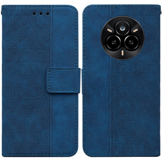For Realme 14 Pro 5G Case Geometry Pattern Leather Wallet Phone Cover with Wrist Strap - Blue