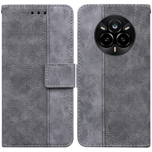 For Realme 14 Pro 5G Case Geometry Pattern Leather Wallet Phone Cover with Wrist Strap - Grey
