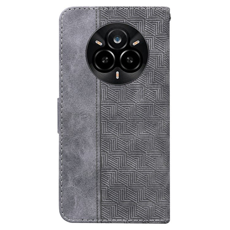 For Realme 14 Pro 5G Case Geometry Pattern Leather Wallet Phone Cover with Wrist Strap - Grey