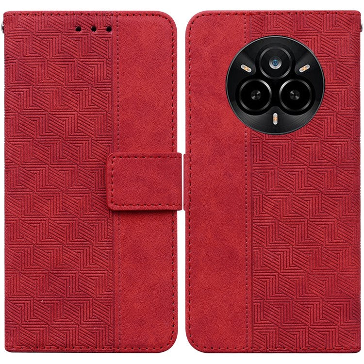For Realme 14 Pro 5G Case Geometry Pattern Leather Wallet Phone Cover with Wrist Strap - Red