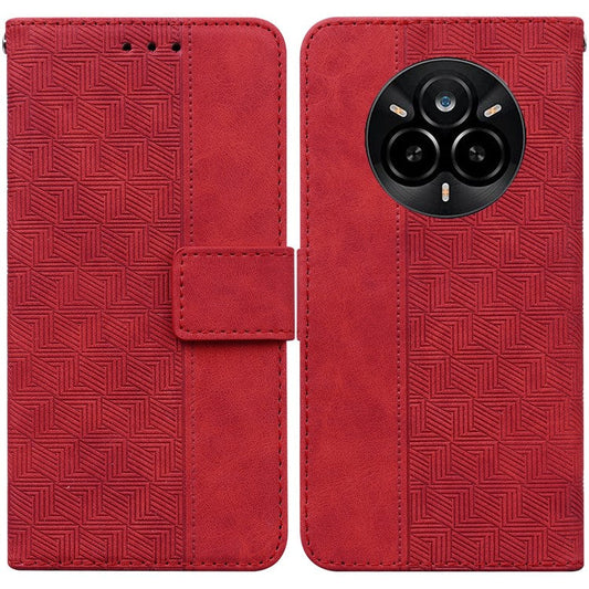 For Realme 14 Pro 5G Case Geometry Pattern Leather Wallet Phone Cover with Wrist Strap - Red