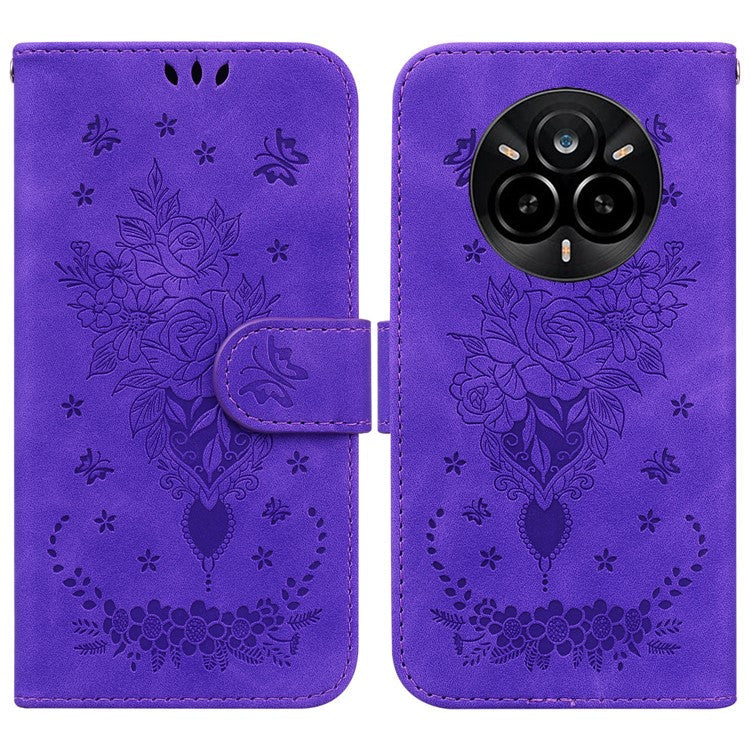 For Realme 14 Pro 5G Case PU Leather Wallet Phone Cover Butterfly Flower Imprint - Purple
