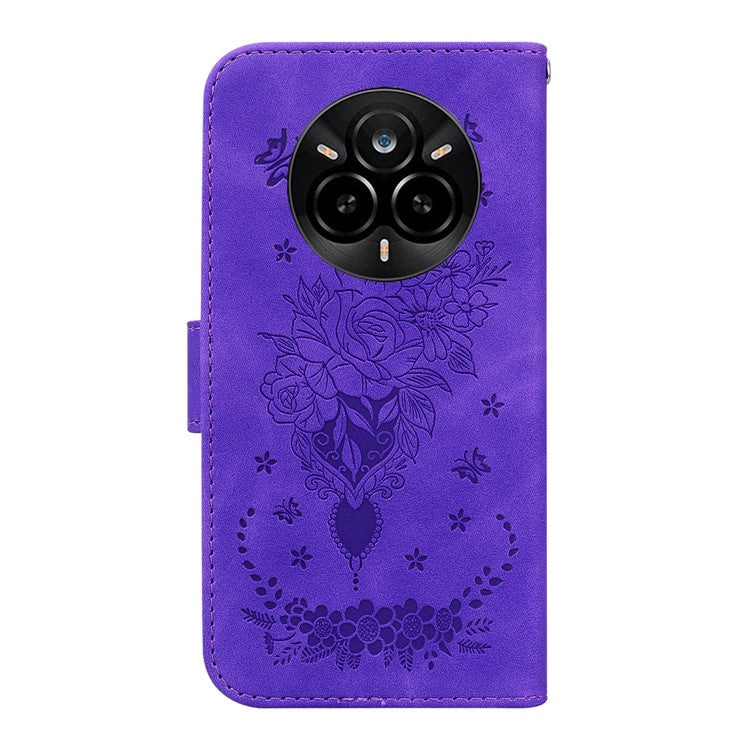 For Realme 14 Pro 5G Case PU Leather Wallet Phone Cover Butterfly Flower Imprint - Purple