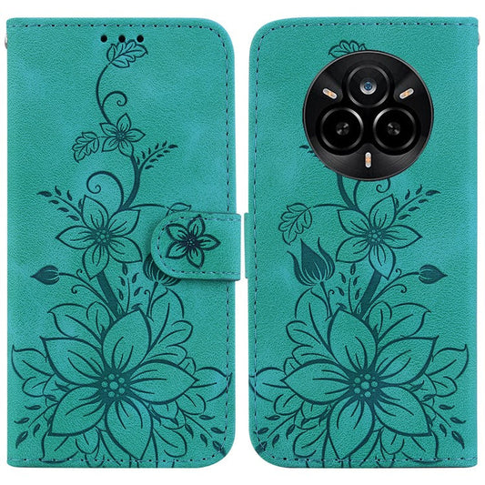 For Realme 14 Pro 5G Case Lily Flower Imprint Leather Phone Cover with Stand - Green