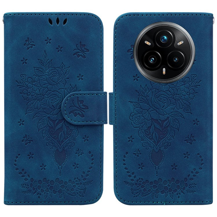 For Realme 14 Pro+ 5G Case PU Leather Wallet Phone Cover Butterfly Flower Imprint - Blue