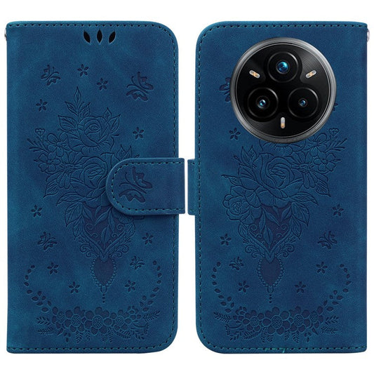 For Realme 14 Pro+ 5G Case PU Leather Wallet Phone Cover Butterfly Flower Imprint - Blue