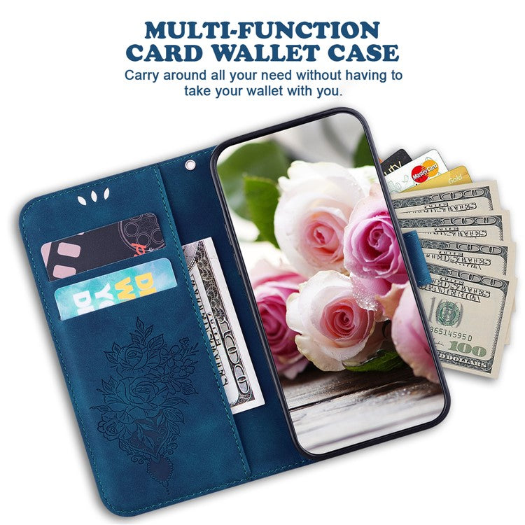For Realme 14 Pro+ 5G Case PU Leather Wallet Phone Cover Butterfly Flower Imprint - Blue