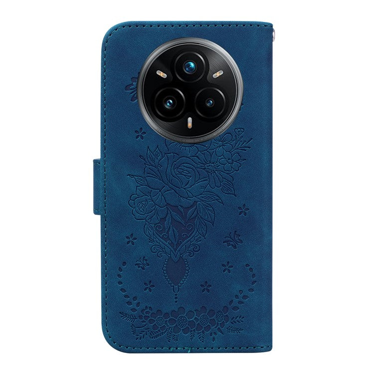 For Realme 14 Pro+ 5G Case PU Leather Wallet Phone Cover Butterfly Flower Imprint - Blue