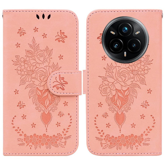 For Realme 14 Pro+ 5G Case PU Leather Wallet Phone Cover Butterfly Flower Imprint - Pink