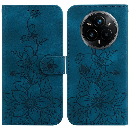 For Realme 14 Pro+ 5G Case Lily Flower Imprint Leather Phone Cover with Stand - Dark Blue