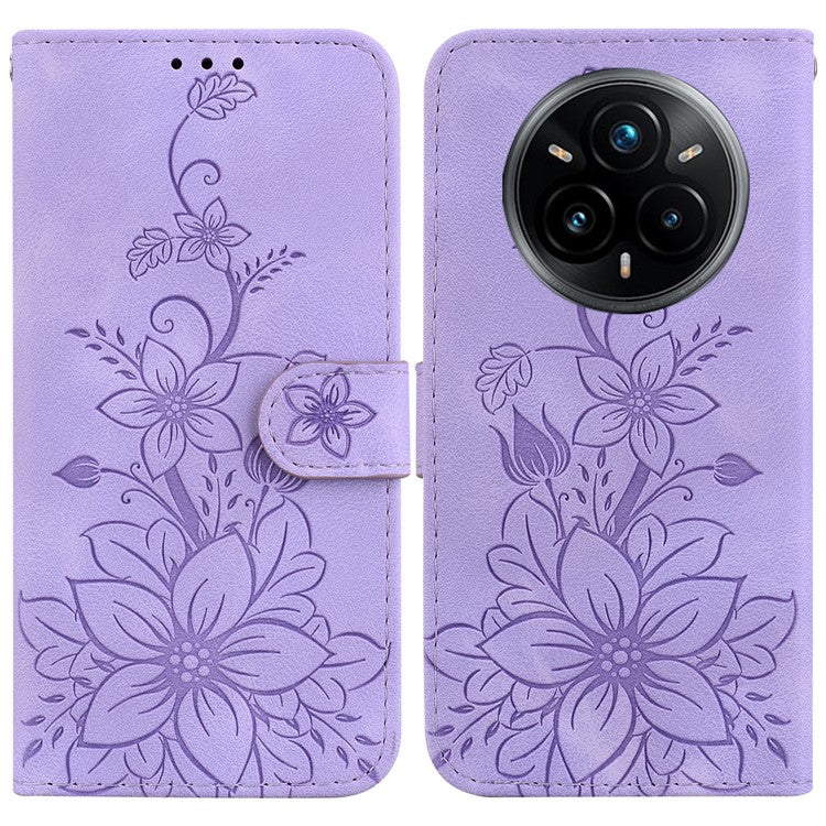 For Realme 14 Pro+ 5G Case Lily Flower Imprint Leather Phone Cover with Stand - Purple