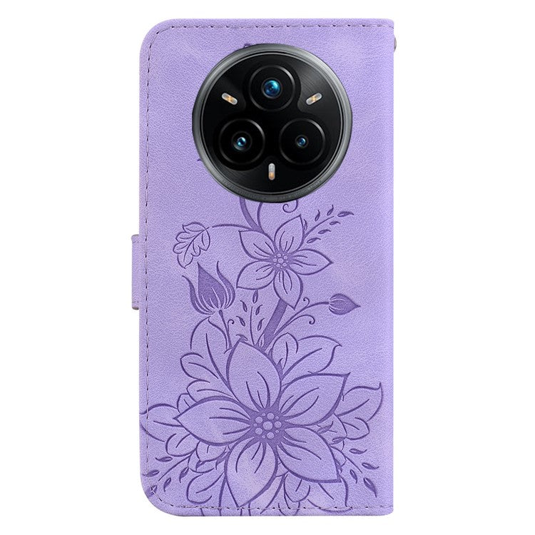 For Realme 14 Pro+ 5G Case Lily Flower Imprint Leather Phone Cover with Stand - Purple