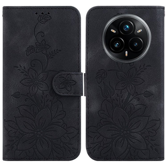 For Realme 14 Pro+ 5G Case Lily Flower Imprint Leather Phone Cover with Stand - Black
