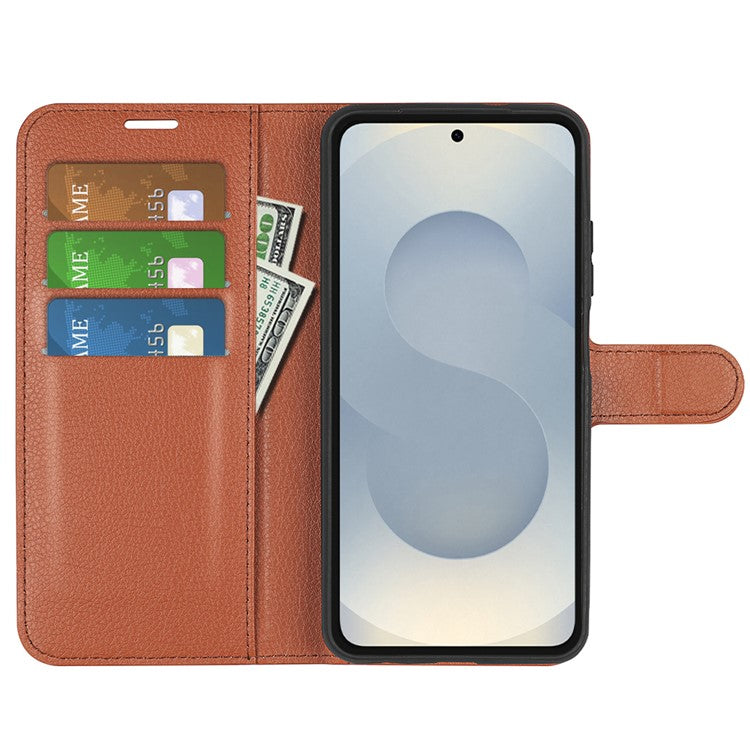 For Samsung Galaxy S25 Edge Case Litchi Texture Shockproof Leather Wallet Phone Cover - Brown