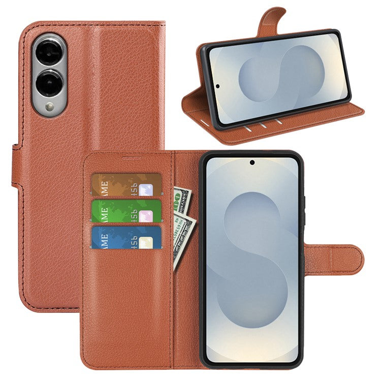For Samsung Galaxy S25 Edge Case Litchi Texture Shockproof Leather Wallet Phone Cover - Brown