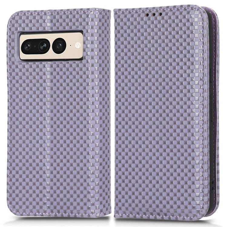 Anti-drop Cell Phone Cover For Google Pixel 7 Pro 5G, Grid Texture Magnetic Closure Phone Case PU Leather Protective Flip Wallet Cover Stand  - Light Purple