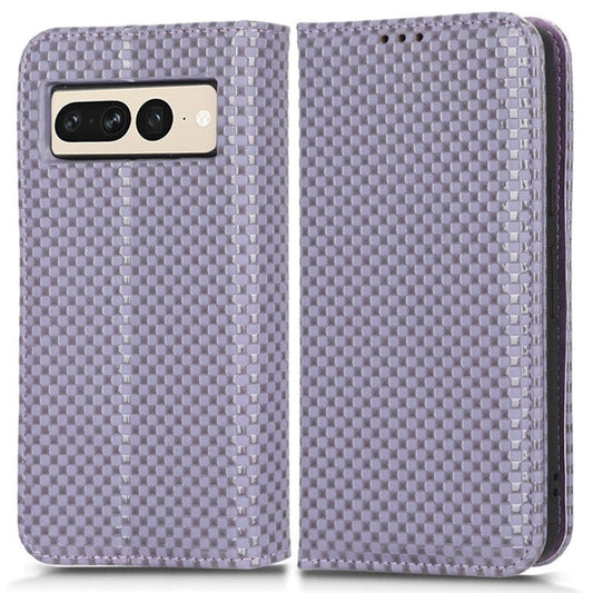 Anti-drop Cell Phone Cover For Google Pixel 7 Pro 5G, Grid Texture Magnetic Closure Phone Case PU Leather Protective Flip Wallet Cover Stand  - Light Purple