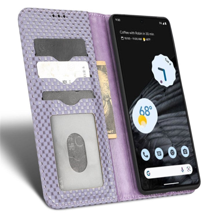 Anti-drop Cell Phone Cover For Google Pixel 7 Pro 5G, Grid Texture Magnetic Closure Phone Case PU Leather Protective Flip Wallet Cover Stand  - Light Purple
