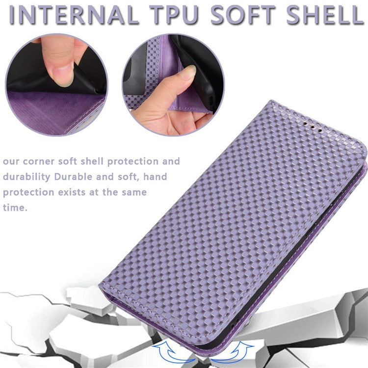 Anti-drop Cell Phone Cover For Google Pixel 7 Pro 5G, Grid Texture Magnetic Closure Phone Case PU Leather Protective Flip Wallet Cover Stand  - Light Purple