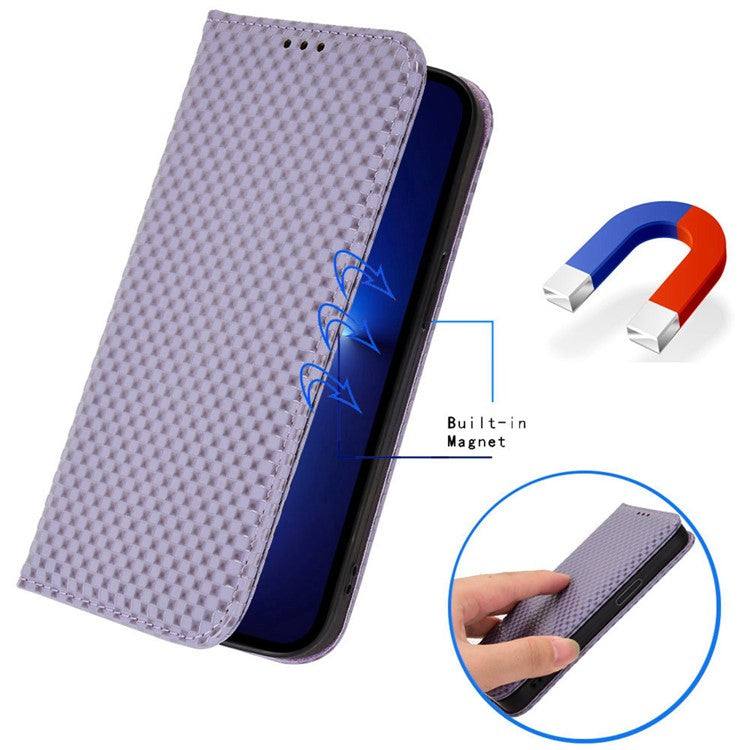 Anti-drop Cell Phone Cover For Google Pixel 7 Pro 5G, Grid Texture Magnetic Closure Phone Case PU Leather Protective Flip Wallet Cover Stand  - Light Purple