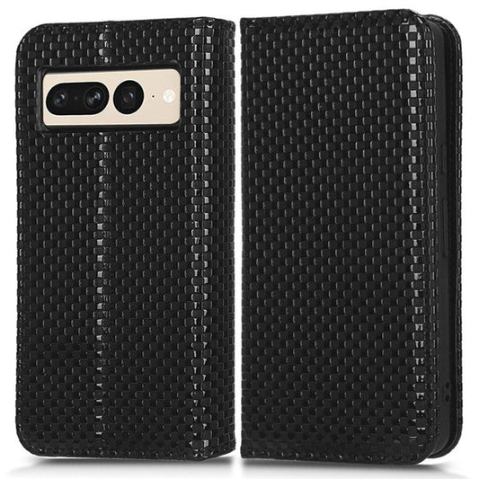 Anti-drop Cell Phone Cover For Google Pixel 7 Pro 5G, Grid Texture Magnetic Closure Phone Case PU Leather Protective Flip Wallet Cover Stand  - Black