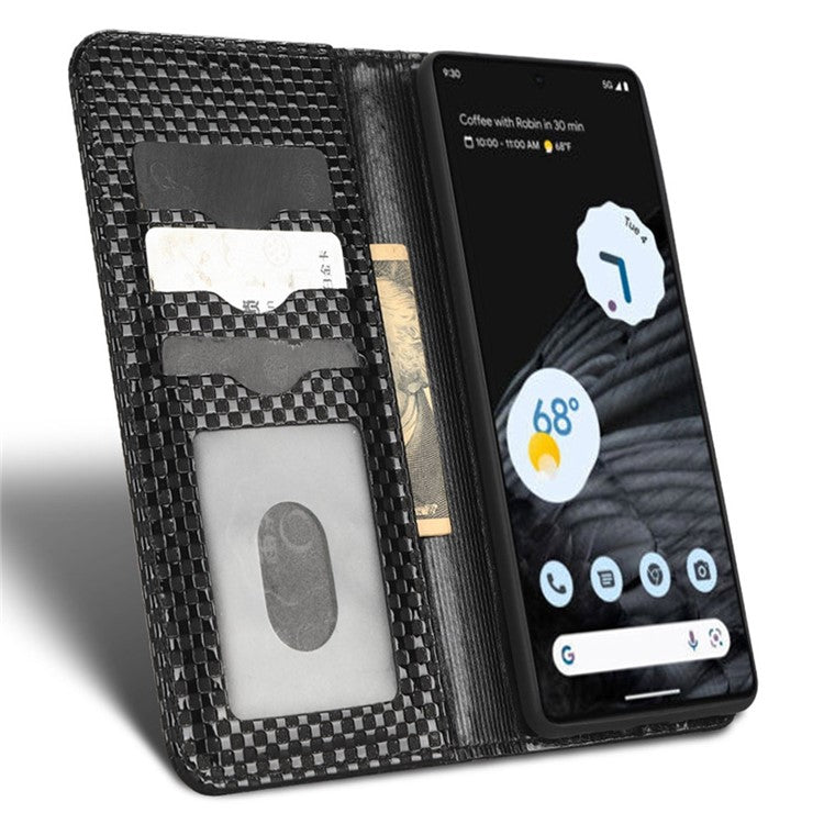 Anti-drop Cell Phone Cover For Google Pixel 7 Pro 5G, Grid Texture Magnetic Closure Phone Case PU Leather Protective Flip Wallet Cover Stand  - Black