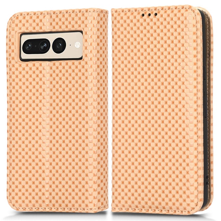 Anti-drop Cell Phone Cover For Google Pixel 7 Pro 5G, Grid Texture Magnetic Closure Phone Case PU Leather Protective Flip Wallet Cover Stand  - Beige