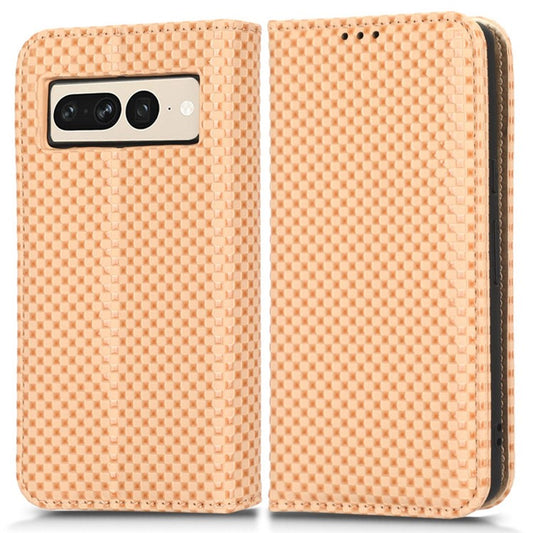 Anti-drop Cell Phone Cover For Google Pixel 7 Pro 5G, Grid Texture Magnetic Closure Phone Case PU Leather Protective Flip Wallet Cover Stand  - Beige
