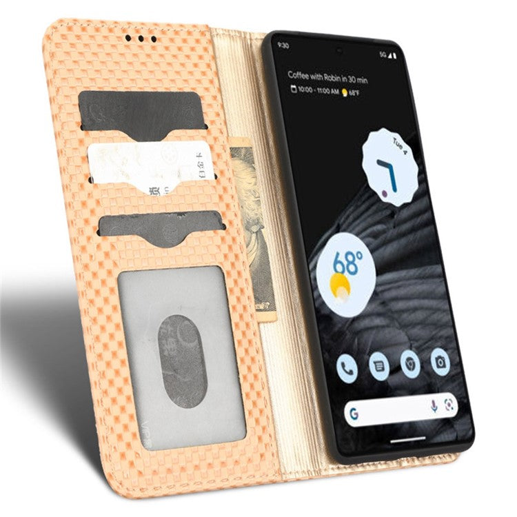 Anti-drop Cell Phone Cover For Google Pixel 7 Pro 5G, Grid Texture Magnetic Closure Phone Case PU Leather Protective Flip Wallet Cover Stand  - Beige