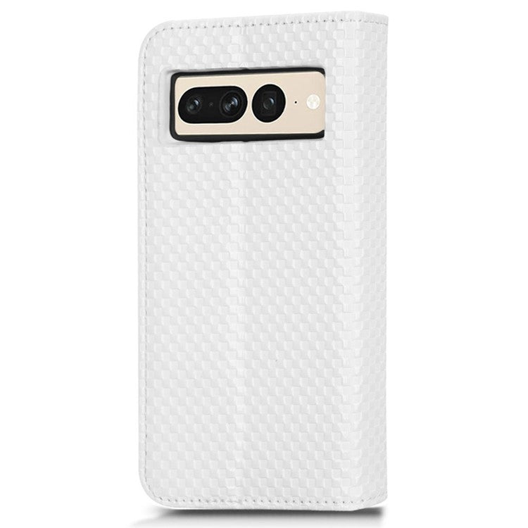 Anti-drop Cell Phone Cover For Google Pixel 7 Pro 5G, Grid Texture Magnetic Closure Phone Case PU Leather Protective Flip Wallet Cover Stand  - White