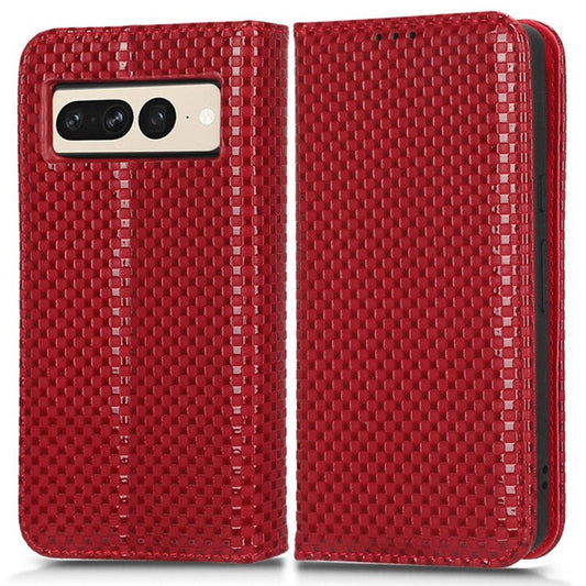 Anti-drop Cell Phone Cover For Google Pixel 7 Pro 5G, Grid Texture Magnetic Closure Phone Case PU Leather Protective Flip Wallet Cover Stand  - Wine Red