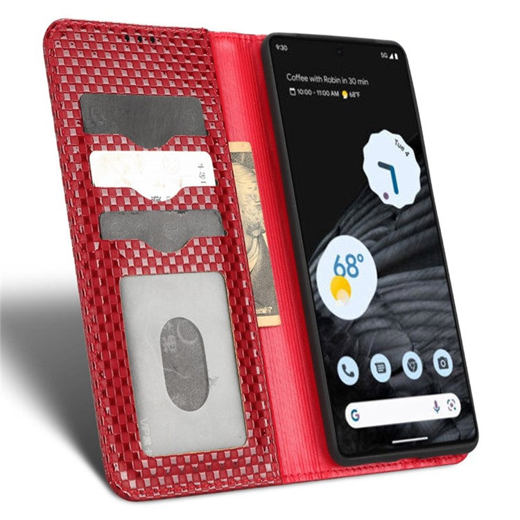 Anti-drop Cell Phone Cover For Google Pixel 7 Pro 5G, Grid Texture Magnetic Closure Phone Case PU Leather Protective Flip Wallet Cover Stand  - Wine Red