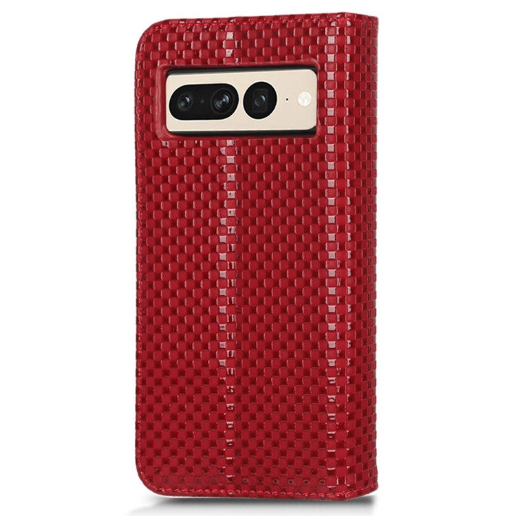 Anti-drop Cell Phone Cover For Google Pixel 7 Pro 5G, Grid Texture Magnetic Closure Phone Case PU Leather Protective Flip Wallet Cover Stand  - Wine Red