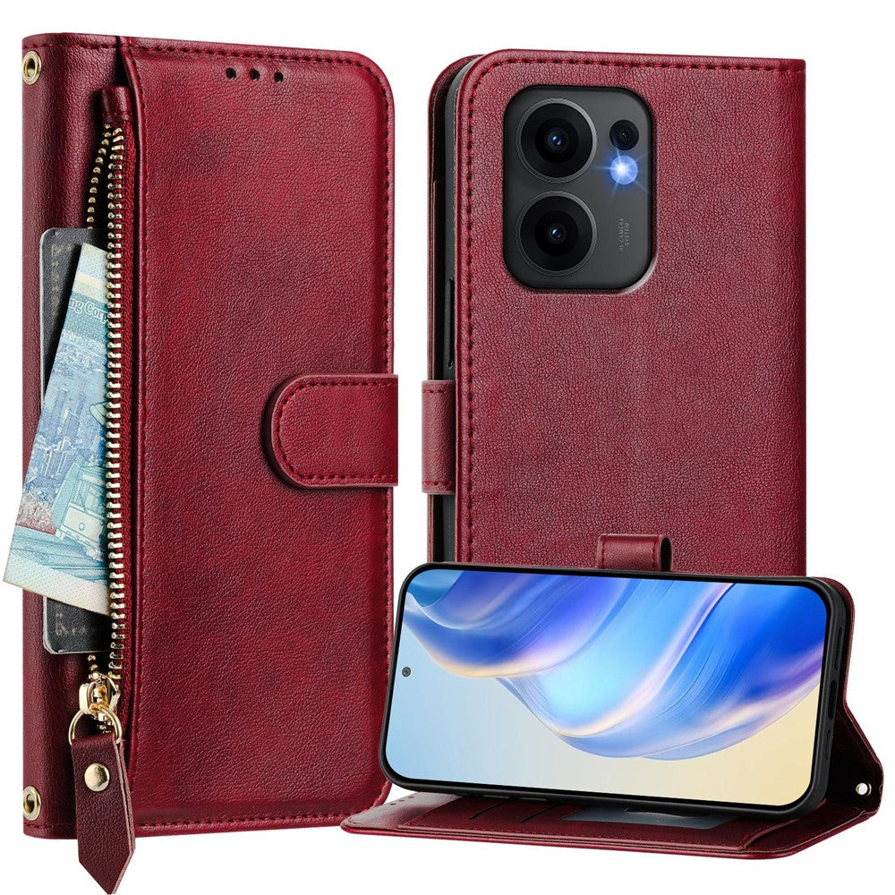 For Oppo Reno13 F 5G Case Zipper Pocket Multiple Card Slots Leather Phone Cover - Red