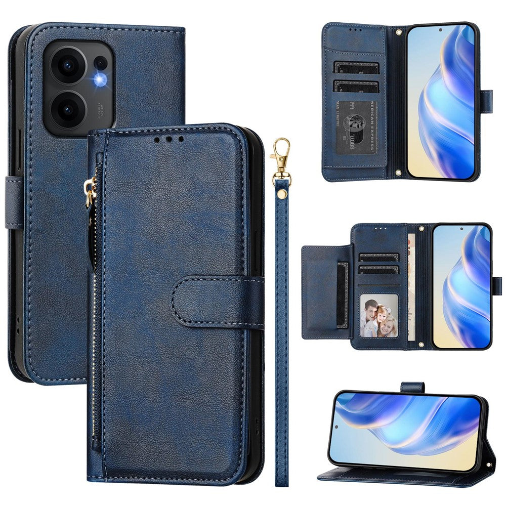 For Oppo Reno13 F 5G Case Zipper Pocket Multiple Card Slots Leather Phone Cover - Blue