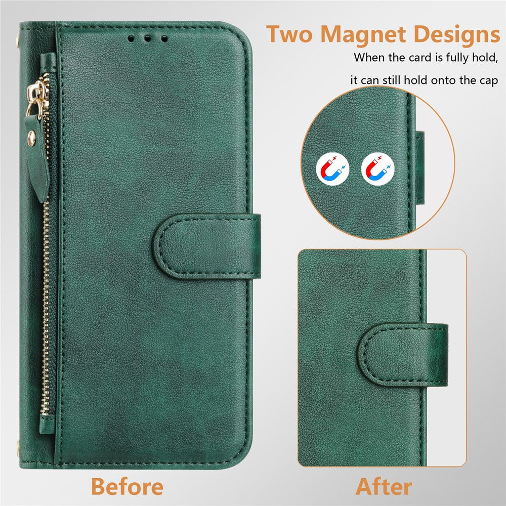 For Oppo Reno13 F 5G Case Zipper Pocket Multiple Card Slots Leather Phone Cover - Green