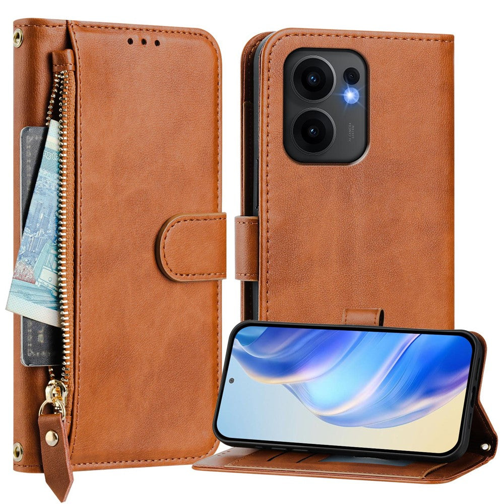 For Oppo Reno13 F 5G Case Zipper Pocket Multiple Card Slots Leather Phone Cover - Brown