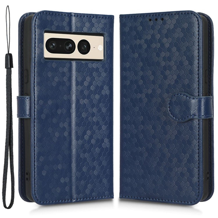 Shockproof Phone Case for Google Pixel 7 Pro 5G, Dot Pattern Imprinted Stand Cell Phone Flip Leather Wallet Cover with Strap - Dark Blue
