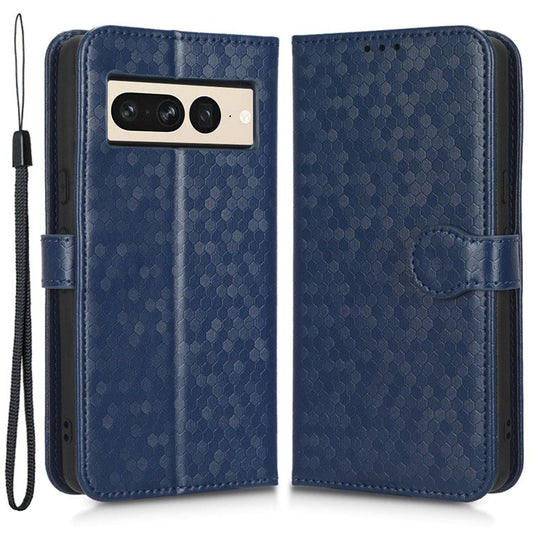 Shockproof Phone Case for Google Pixel 7 Pro 5G, Dot Pattern Imprinted Stand Cell Phone Flip Leather Wallet Cover with Strap - Dark Blue