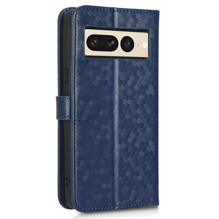 Shockproof Phone Case for Google Pixel 7 Pro 5G, Dot Pattern Imprinted Stand Cell Phone Flip Leather Wallet Cover with Strap - Dark Blue