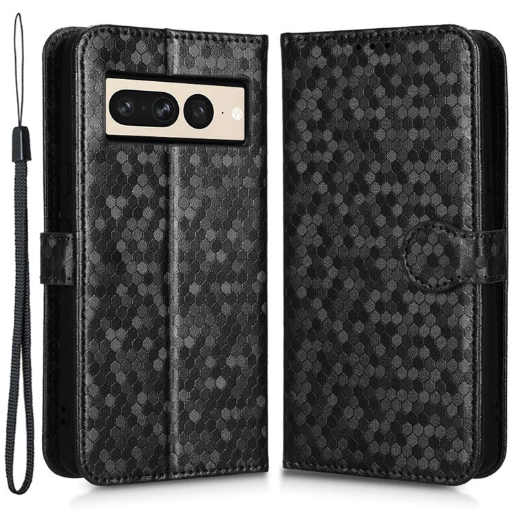 Shockproof Phone Case for Google Pixel 7 Pro 5G, Dot Pattern Imprinted Stand Cell Phone Flip Leather Wallet Cover with Strap - Dark Blue