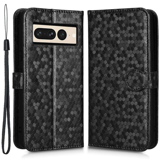 Shockproof Phone Case for Google Pixel 7 Pro 5G, Dot Pattern Imprinted Stand Cell Phone Flip Leather Wallet Cover with Strap - Black