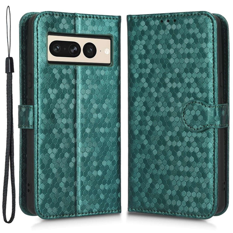 Shockproof Phone Case for Google Pixel 7 Pro 5G, Dot Pattern Imprinted Stand Cell Phone Flip Leather Wallet Cover with Strap - Green